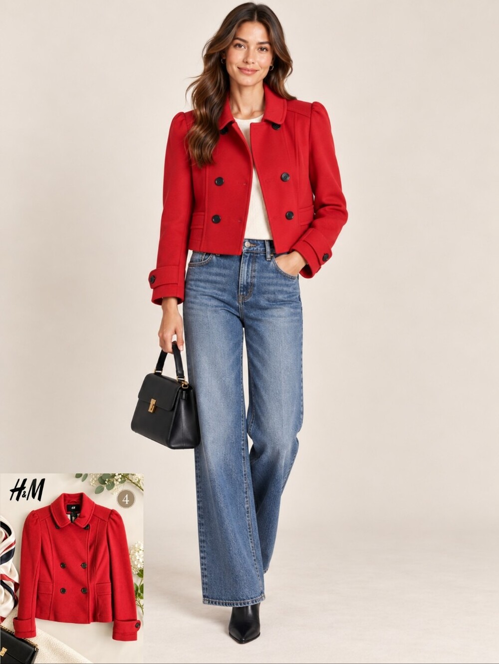 ❤️EUC H&M Vibrant Red Cropped Double Breasted Jacket, Size 4 Slim Fit